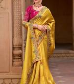 Mustard silk organza jacquard woven with heavy embroidery work lace border with embroidery blouse saree with blouse