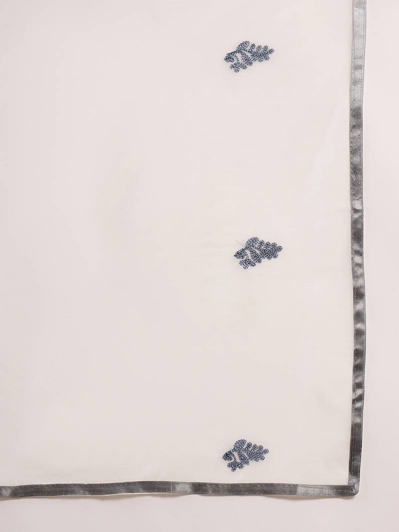 grey lucknowi chikankari rayon straight kurta pant set with chanderi dupatta