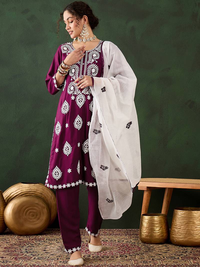 magenta lucknowi chikankari rayon straight kurta pant set with chanderi dupatta