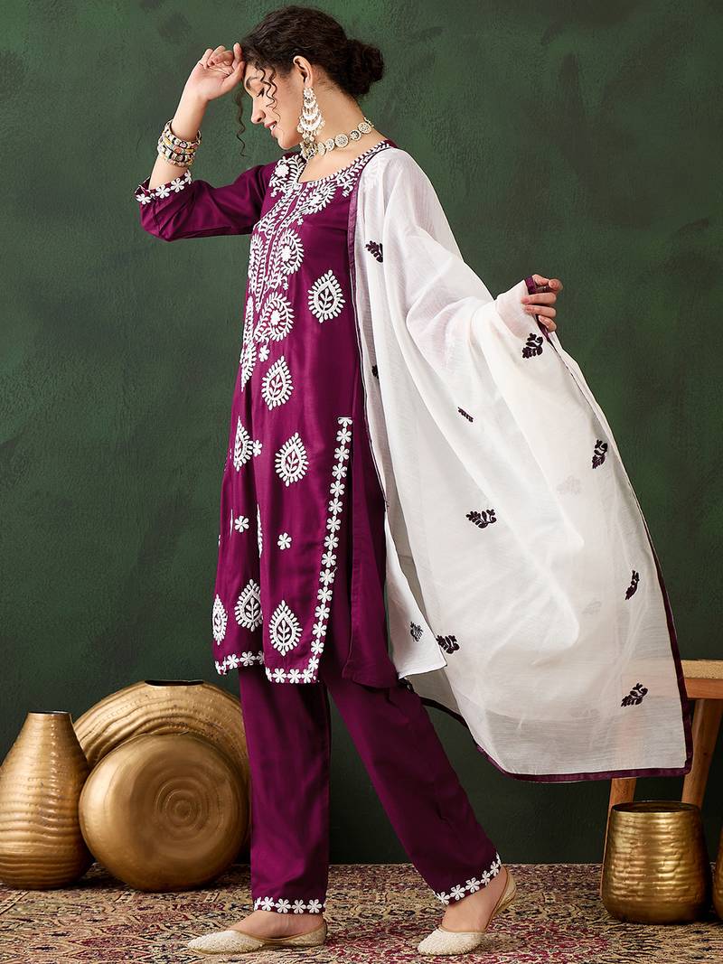 magenta lucknowi chikankari rayon straight kurta pant set with chanderi dupatta