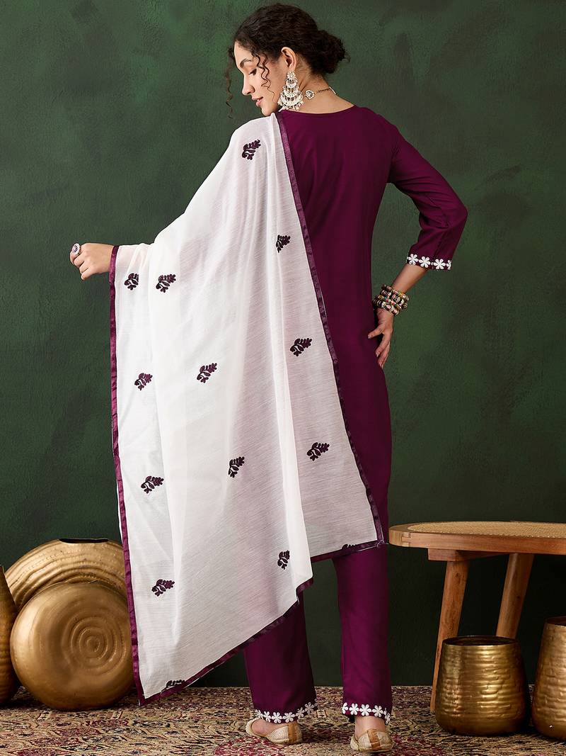 magenta lucknowi chikankari rayon straight kurta pant set with chanderi dupatta