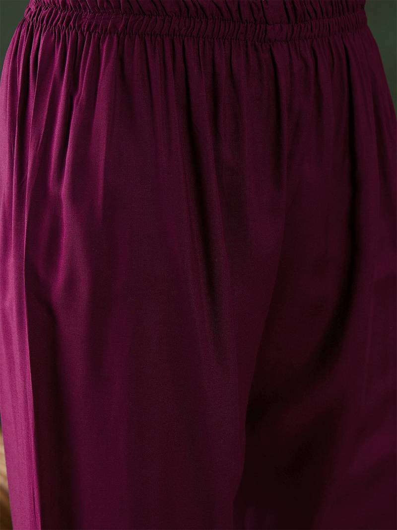 magenta lucknowi chikankari rayon straight kurta pant set with chanderi dupatta