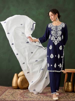 navy blue lucknowi chikankari rayon straight kurta pant set with chanderi dupatta 2