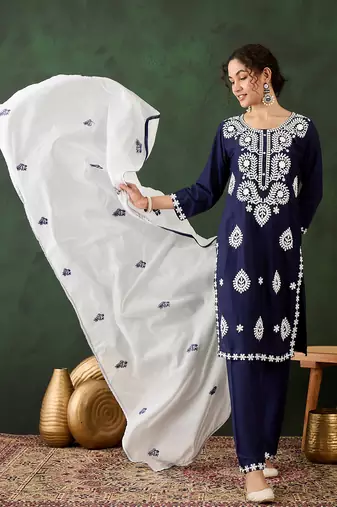 navy blue lucknowi chikankari rayon straight kurta pant set with chanderi dupatta