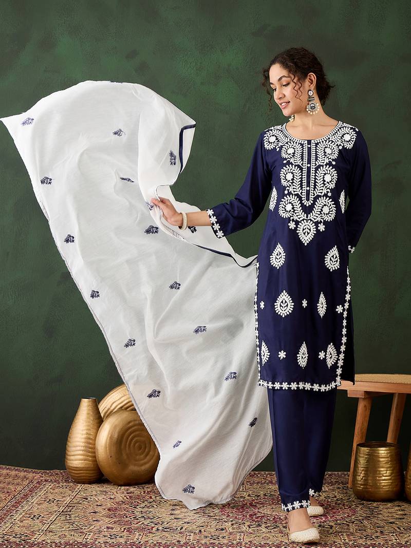 navy blue lucknowi chikankari rayon straight kurta pant set with chanderi dupatta