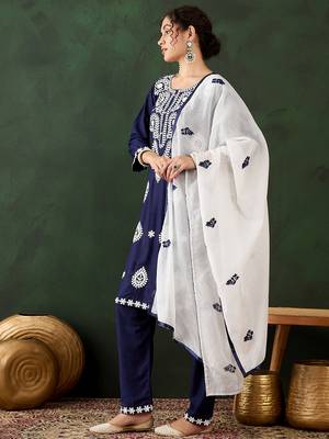 navy blue lucknowi chikankari rayon straight kurta pant set with chanderi dupatta 3