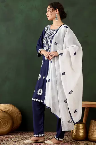navy blue lucknowi chikankari rayon straight kurta pant set with chanderi dupatta