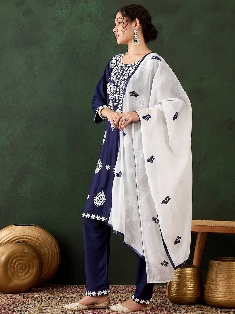 navy blue lucknowi chikankari rayon straight kurta pant set with chanderi dupatta
