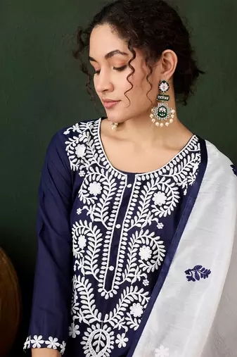 navy blue lucknowi chikankari rayon straight kurta pant set with chanderi dupatta