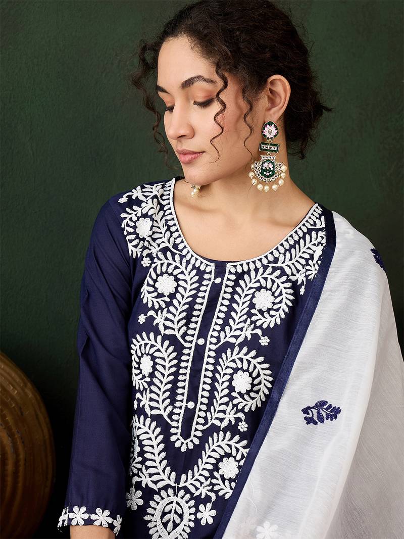 navy blue lucknowi chikankari rayon straight kurta pant set with chanderi dupatta