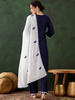 navy blue lucknowi chikankari rayon straight kurta pant set with chanderi dupatta 5