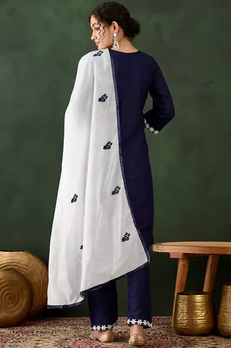 navy blue lucknowi chikankari rayon straight kurta pant set with chanderi dupatta