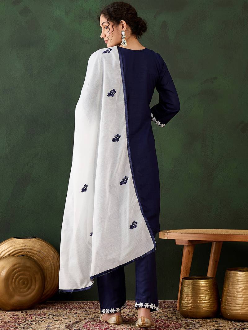 navy blue lucknowi chikankari rayon straight kurta pant set with chanderi dupatta