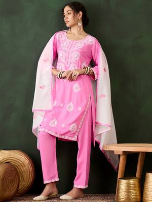pink lucknowi chikankari rayon straight kurta pant set with chanderi dupatta 2