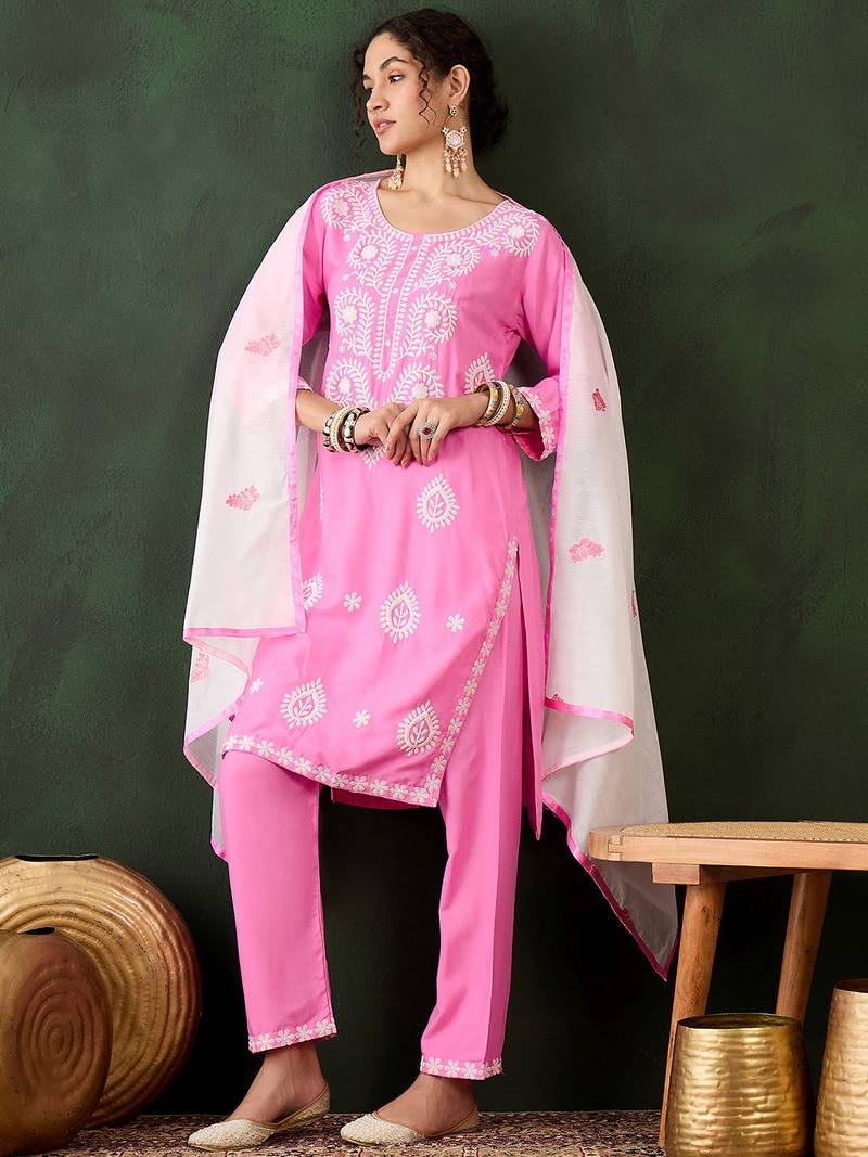 pink lucknowi chikankari rayon straight kurta pant set with chanderi dupatta
