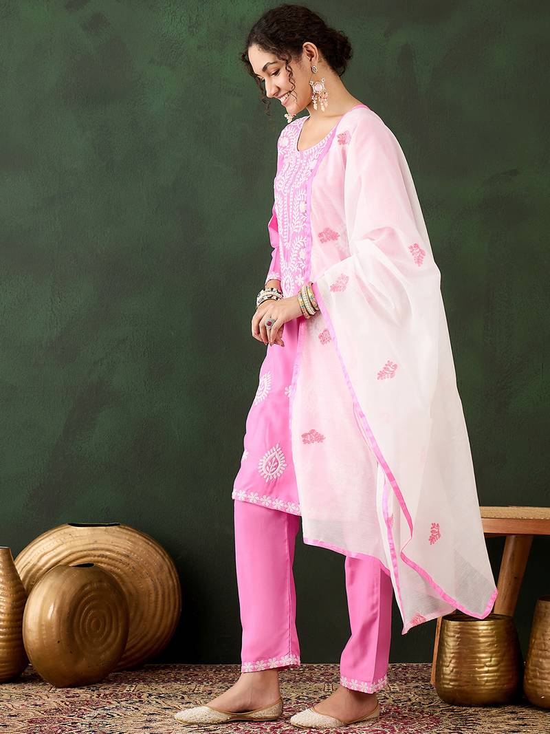 pink lucknowi chikankari rayon straight kurta pant set with chanderi dupatta