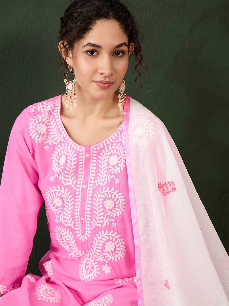 pink lucknowi chikankari rayon straight kurta pant set with chanderi dupatta
