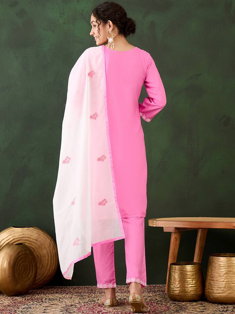 pink lucknowi chikankari rayon straight kurta pant set with chanderi dupatta