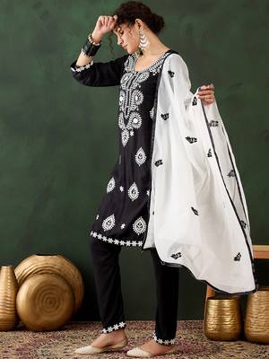 black lucknowi chikankari rayon straight kurta pant set with chanderi dupatta 2