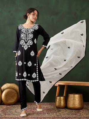 black lucknowi chikankari rayon straight kurta pant set with chanderi dupatta 3