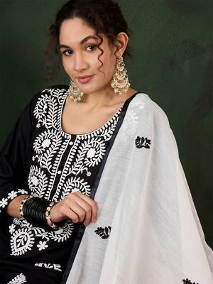 black lucknowi chikankari rayon straight kurta pant set with chanderi dupatta 4