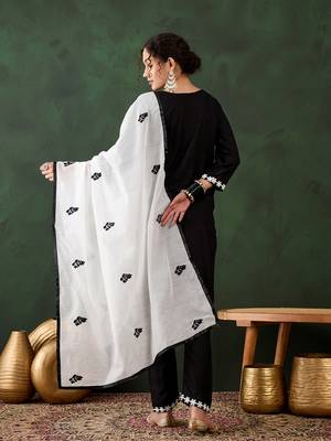 black lucknowi chikankari rayon straight kurta pant set with chanderi dupatta 5