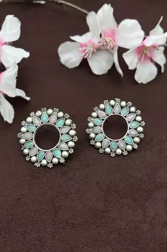 Oxidized stone round studs indian stone round earrings