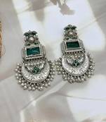 Oxidized stone long dangler earrings with pearls