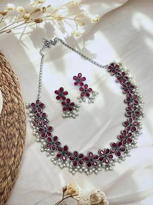 Silver replica red stone necklace set with pearls temple jewlery 1