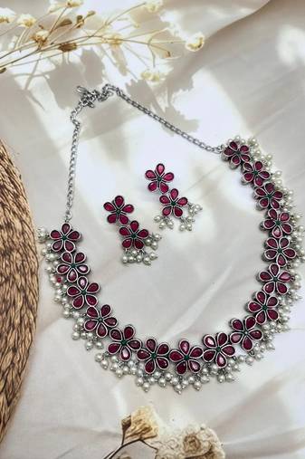 Silver replica red stone necklace set with pearls temple jewlery