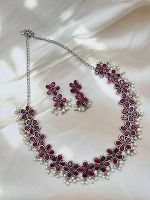Silver replica red stone necklace set with pearls temple jewlery 2