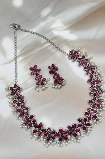 Silver replica red stone necklace set with pearls temple jewlery