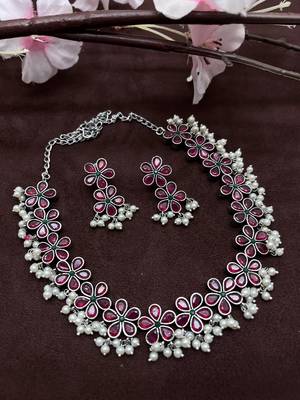 Silver replica red stone necklace set with pearls temple jewlery 4