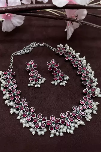 Silver replica red stone necklace set with pearls temple jewlery
