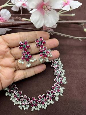 Silver replica red stone necklace set with pearls temple jewlery 5