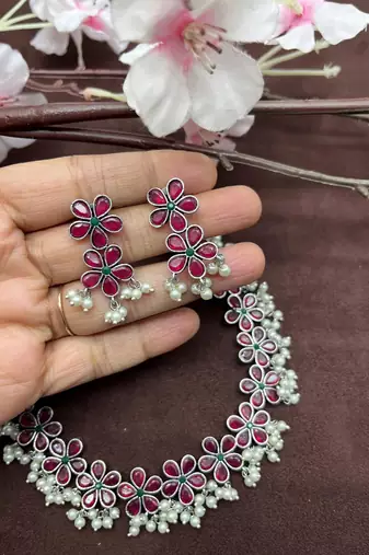 Silver replica red stone necklace set with pearls temple jewlery