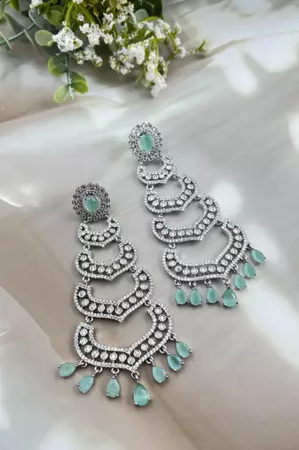 Mint green diamond look cz silver dangler earrings