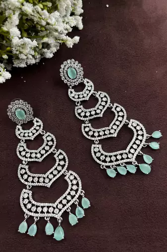 Mint green diamond look cz silver dangler earrings