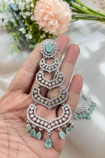Mint green diamond look cz silver dangler earrings