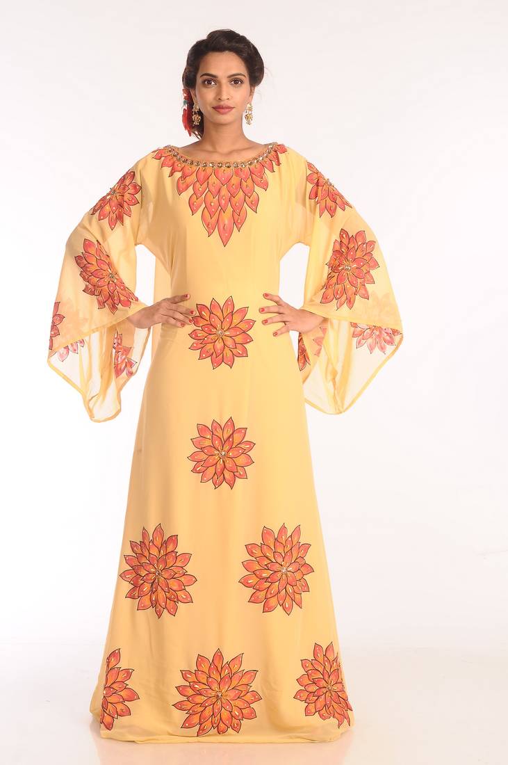 Yellow embroidered georgette islamic kaftans with zari work