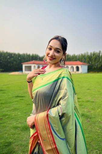 Mehndi Paithani Ganga Jamuna Border Saree,Blouse-not As Per Image