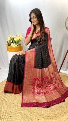 Black Paithani Silk Saree With Rich Contrast Weaving Pallu And Border & Blouse 4