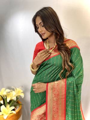 Green Paithani Silk Saree With Rich Contrast Weaving Pallu And Border & Blouse 3