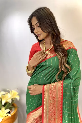 Green Paithani Silk Saree With Rich Contrast Weaving Pallu And Border & Blouse