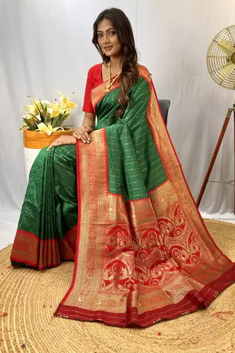 Green Paithani Silk Saree With Rich Contrast Weaving Pallu And Border & Blouse