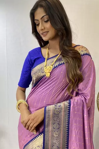 Lavender Paithani Silk Saree With Rich Contrast Weaving Pallu And Border & Blouse