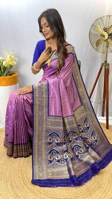 Lavender Paithani Silk Saree With Rich Contrast Weaving Pallu And Border & Blouse 4