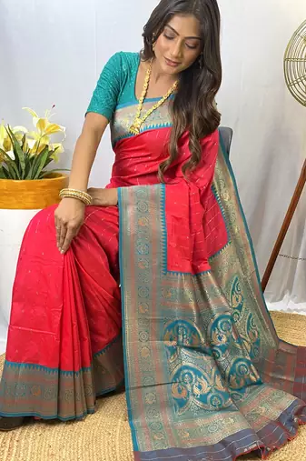 Pink Paithani Silk Saree With Rich Contrast Weaving Pallu And Border & Blouse