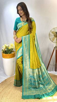 Lemon Yellow Paithani Silk Saree With Rich Contrast Weaving Pallu And Border & Blouse 1
