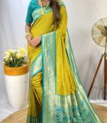 Lemon Yellow Paithani Silk Saree With Rich Contrast Weaving Pallu And Border & Blouse